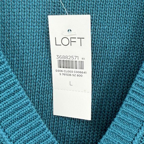 Loft Textured Stitch Henley Sweater Long Sleeve V-Neck Teal Women Large NWT - Picture 4 of 7